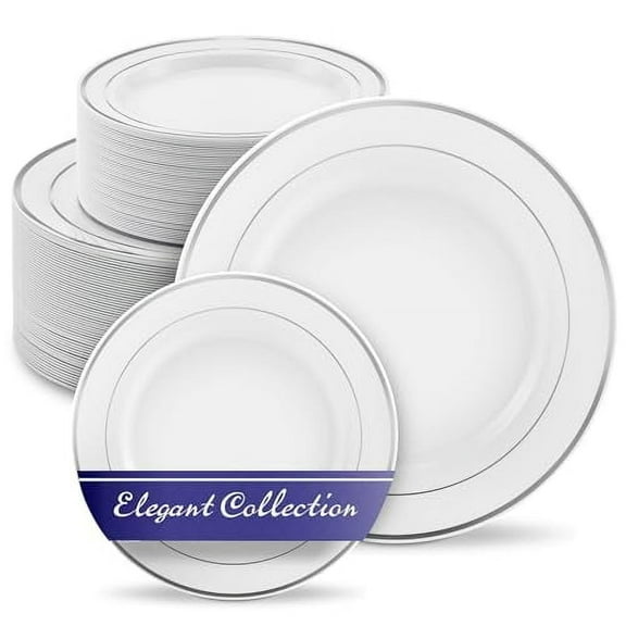 Dinner and Dessert Plates Set Disposable (200 Pieces) 10" + 7" White and Silver Plastic Plates for Party 100 Guest, Elegant Wedding Plates Disposable, Heavy Duty Plates for Thanksgiving/Christmas