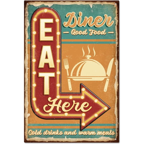 Dinner Eat Here Metal Tin Sign 8x12inch Vintage Good Food Art Plaque Poster Wall Decor for Home Kitchen Living Room Bedroom Kitchen Cafe Bar