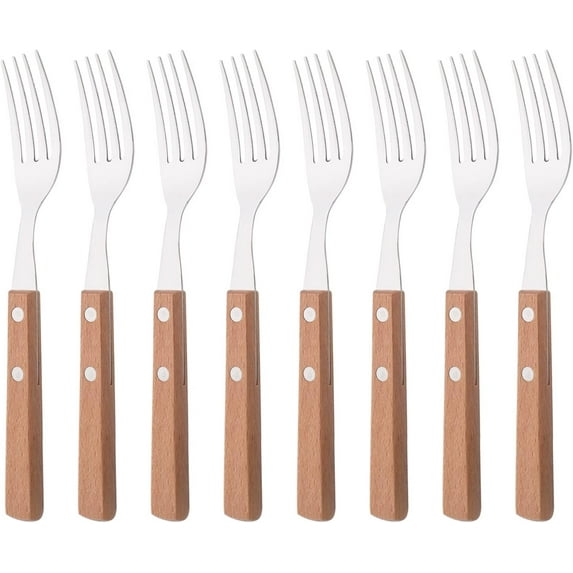 Dinner Forks Set of 8, 304 Stainless Steel Silverware Forks, Table Forks Salad Forks Set, Mirror Polishing Dinner Fork with Wooden Handle, 7.9 Inches 8-Piece Dinner Fork