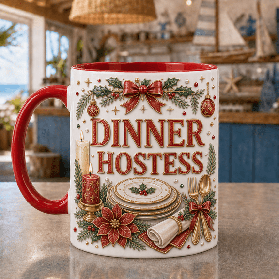 Dinner Hostess Mug Festive Holiday Coffee Cup with Dinner Plate & Candle Design