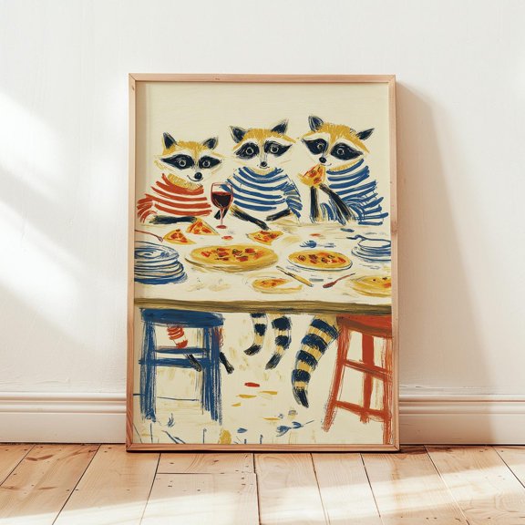 Dinner Illustration Animal Table Scene Playful Kitchen Decor