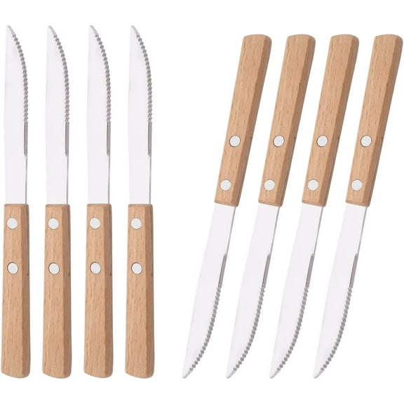 Dinner Knives Set of 8-8.15 inches Wooden Serrated Knives - 304 Stainless Steel Flatware with Square Wood Handle, Mirror Polished