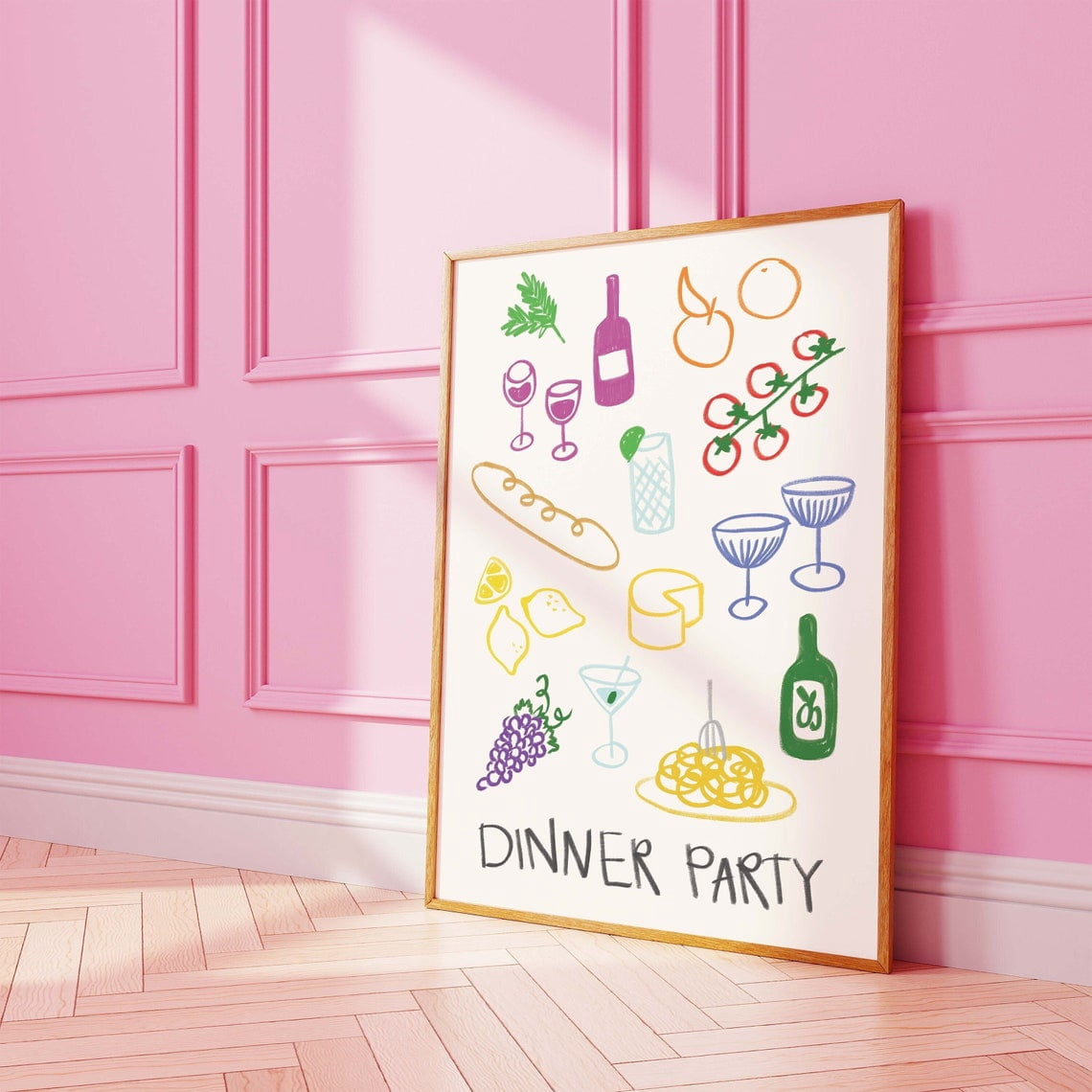 Dinner Party Poster Cute Drawn Wine Cocktail Bar Art Trendy Kitchen ...