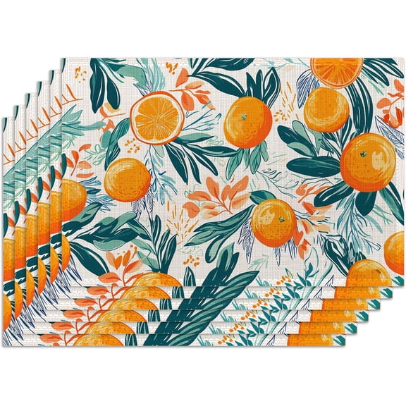 Dinner Placemats Set of 6,Orange Fruit Fabric Heat Resistant Placemats,Washable Summer Green Leaves Table Mats for Dining Room Table Decor Home Restaurant Cafes Holiday Party 12x18 Inch