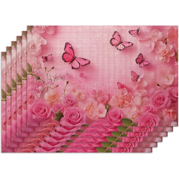 Dinner Placemats Set of 6,Pink Rose Flower Fabric Heat Resistant Placemats,Washable Spring Butterfly Table Mats for Dining Room Table Decor Home Restaurant Cafes Holiday Party 12x18 Inch