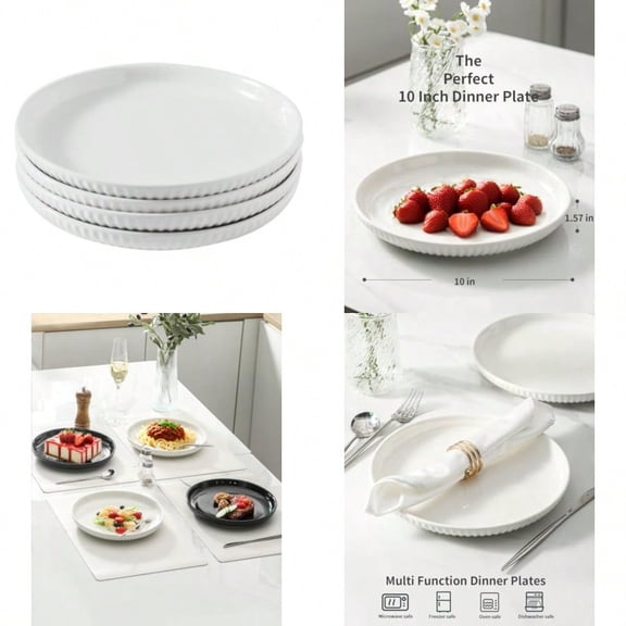 Dinner Plate Set of 4 10 Inch Porcelain Plates for Kitchen Large Salad Plates for Lunch Dinnerware Dish for Restaurant Home Microwave Safe Plates for Wedding Housewarming Gift White