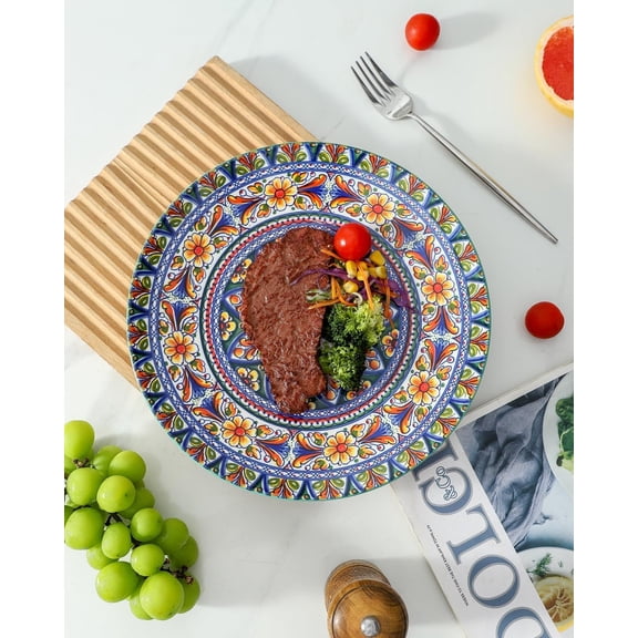 Dinner Plates, 10.5 Inch Ceramic Plates Set of 6 for Steak, Snacks, Pizza, Cake, Colorful Serving Dishes for Kitchen, Housewarming Gift, Microwave, Oven & Dishwasher Safe, Bohemian