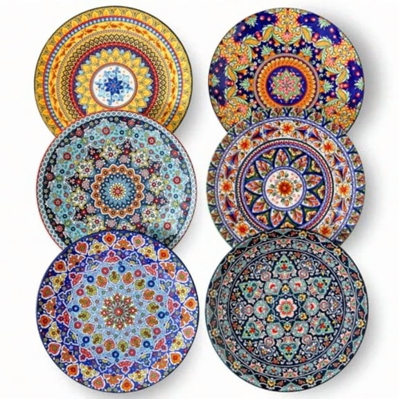 Dinner Plates 10.5 Inch Ceramic Plates Set of 6 for Steak Snacks Pizza Cake Colorful Serving Dishes for Kitchen Housewarming Gift Microwave Oven Dishwasher Safe Bohemian