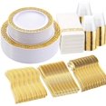 thumbnail image 1 of Dinner Plates, 50 Dessert Plates, 50 Paper Napkins, 50 Cups, 50 Gold Plastic Cutlery Set, 1 of 8