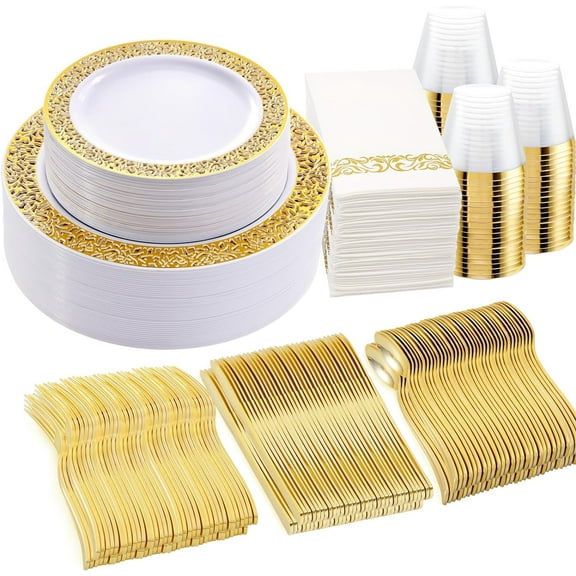 Dinner Plates, 50 Dessert Plates, 50 Paper Napkins, 50 Cups, 50 Gold Plastic Cutlery Set