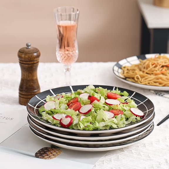 Dinner Plates Ceramic Plate Set - 10 Inch Large Porcelain Round Plate Sets of 6 - Flat Modern Black Pattern Dining Plates for Kitchen | Family - Dishwasher | Microwave | Oven Safe