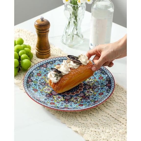 Dinner Plates, Ceramic Plates Set of 6 for Steak, Snacks, Pizza, Cake, Colorful Serving Dishes for Kitchen, Microwave, Oven & Dishwasher Safe, Bohemian