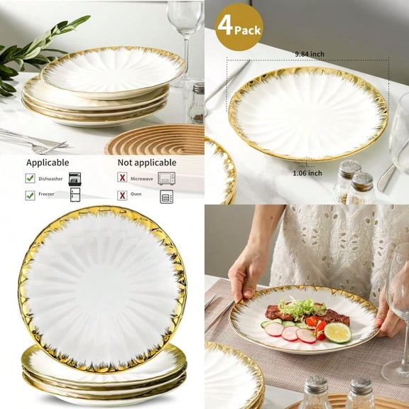 Dinner Plates Ceramic dinner plates Set of 4 White Dinner Plate with Gold Rim 10 Inch Dinnerware Dish Set for Kitchen Round Salad-Plates Dert Appetizer plate Serving Dishes for Parties