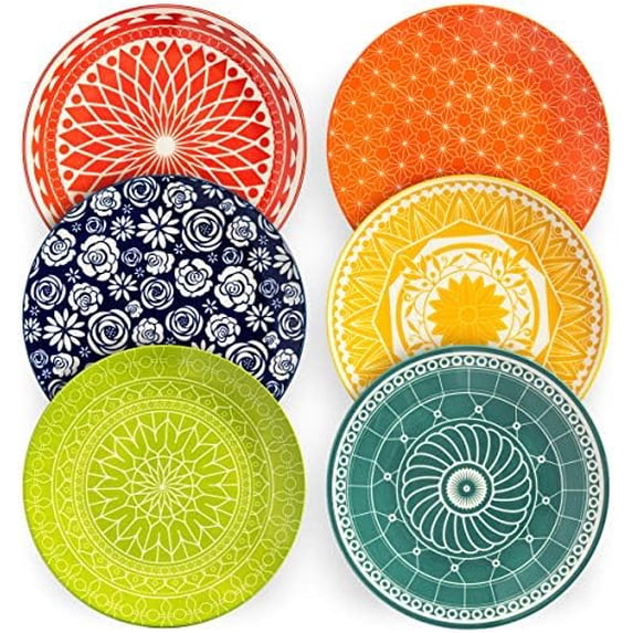 Dinner Plates - Mismatched Colorful Dinnerware Set of 6 - Fun Decorative Cute Boho Kitchen Dishes - Zero Lead & Cadmium - 10.5 Inch Diameter