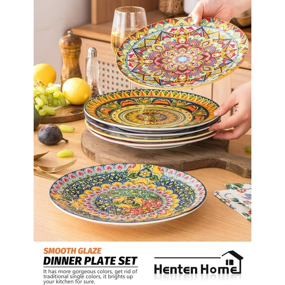 Dinner Plates Set of 6, 10.5 Inch Porcelain Plate, Colorful Bohemian Serving Dishes for Kitchen, Pasta, Salad, Decorative, Microwave & Dishwasher Safe