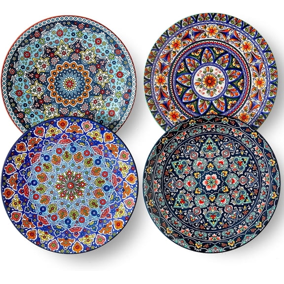 Dinner Plates Set of 4, 10.5 Inch Ceramic Plates for Steak, Dishes Set for Kitchen, Housewarming Gift，Microwave, Oven & Dishwasher Safe, Bohemian