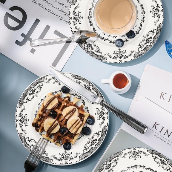 Dinner Plates Set of 6, Ceramic Kitchen Plates Microwave Safe Plates, 10.5 Inch Porcelain Dinner Plates Floral, Black