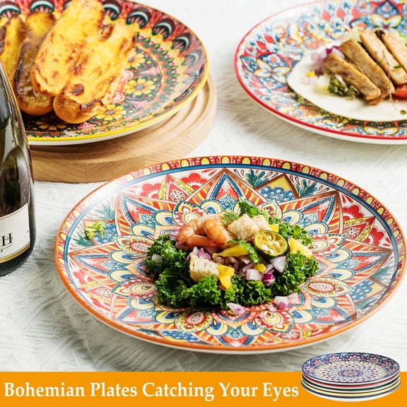 Dinner Plates set of 6, 10.5 Inch Large Dessert Salad Plates for Pasta, Steak, Snacks, Colorful Porcelain Serving Dishes for Kitchen & Party, Morden Dinnerware - Bohemian Style