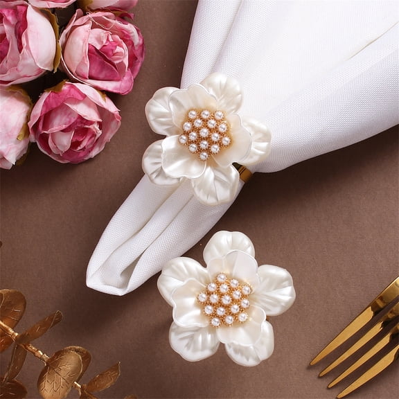 Dinner Table Decorations, Flower Napkin Rings, Pearl Napkin Rings, Gold Napkin Rings, White Flower Pearl Accent Napkin Holder with 1.5 Inch Diameter Perfect for Daily and Special