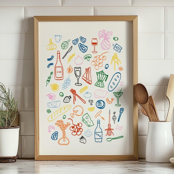 Dinner Table Print Retro Food Drinks Illustrations Poster, Bar Cart Print, Kitchen Decor, Trendy Wall Art, Print Food Print UNFRAMED PAPER POSTER, Home Decor, Vintage Gift, Living Room Dercor