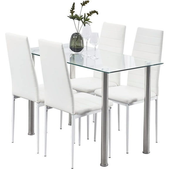 Dinner Table Set Tempered Glass Dining Table with 4 Pieces Chairs Dining Room Kitchen Furniture