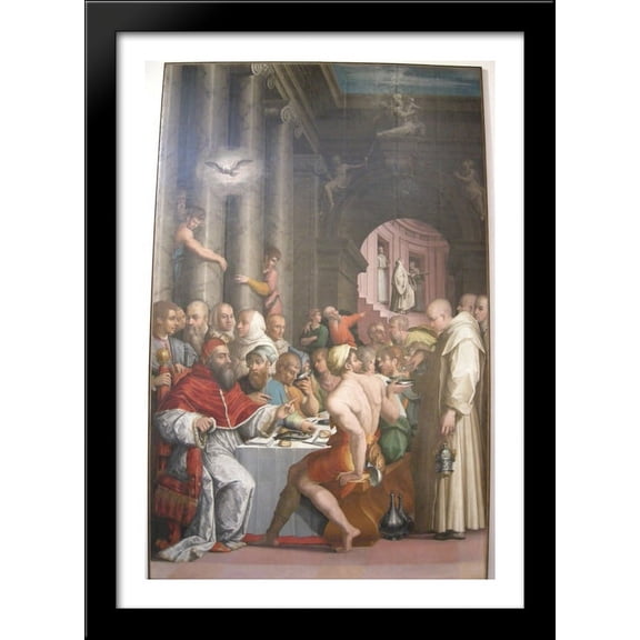 Dinner of St. Gregory the Great (Clement VII) 28x40 Large Black Wood Framed Print Art by Giorgio Vasari