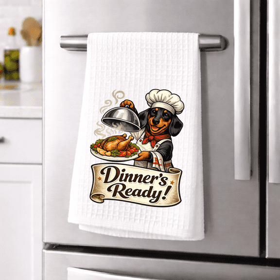Dinners Ready Dachshund Kitchen Towel 16x24 Waffle Weave Decor Dish Drying Cloth