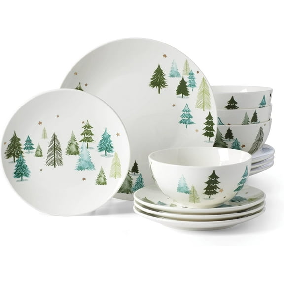 Dinnerware, Balsam Lane 12-Piece Dinnerware Set, Service For 4, Porcelain, Dishwasher & Microwave Safe, Plates & Bowls Sets, Christmas, Holiday Hosting, Home and Kitchen (White/Green, 12 Piece)