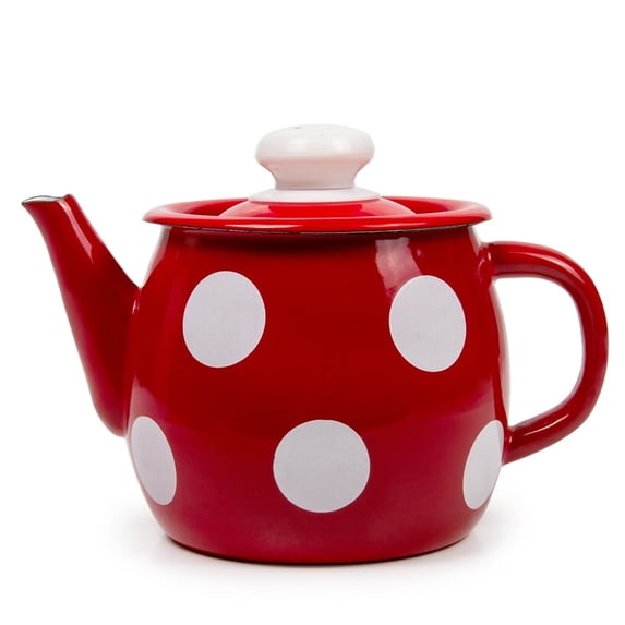 Dinnerware Decorative Tea Kettle Red White Polka-dot Enamelware Teapot 1.1-qt. (1 L)
