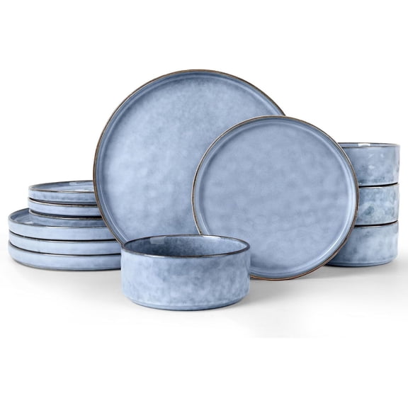 Dinnerware Dish Sets for 4, 12 Piece Stoneware Plates and Bowls, Kitchen Dinner Set for Dessert Salad Pasta, Microwave & Dishwasher Safe, Serenity Blue
