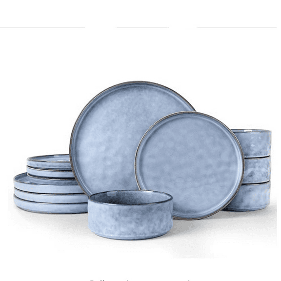 Dinnerware Dish Sets for 4, 12 Piece Stoneware Plates and Bowls, Kitchen Dinner Set for Dessert Salad Pasta, Microwave & Dishwasher Safe, Serenity Blue