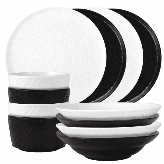 Dinnerware Dishes Sets for 4, Chip & Scratch Resistant Ribbed Dish Set for Home Restaurant, Microwave & Dishwasher Safe White & Matte Black