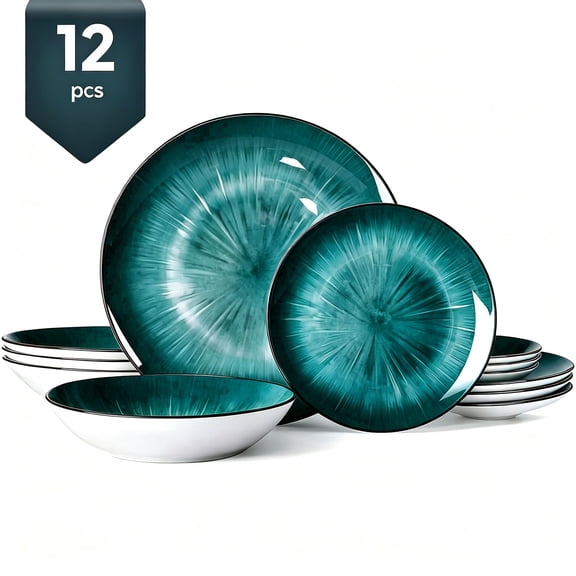 12 Piece Dinnerware Set ,Chip Resistant, Dinnerware Sets, Plates, Dishes, Bowls, Service for 4, Green And White