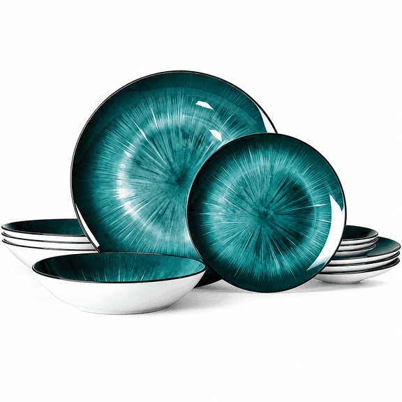 12 Piece Dinnerware Set, Chip Resistant, Dinnerware Sets, Plates, Dishes, Bowls, Service for 4, Green And White