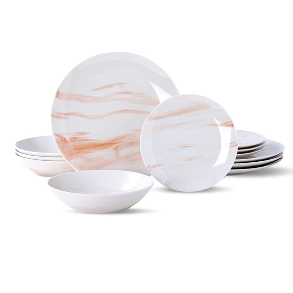 NONTA 12 Pcs Dinnerware Sets for 4,Plates and Bowls Sets,Microwave and Dishwasher Safe Kitchen Dinner Set,Scratch Resistant Dishware Dishes Set, Orange&White
