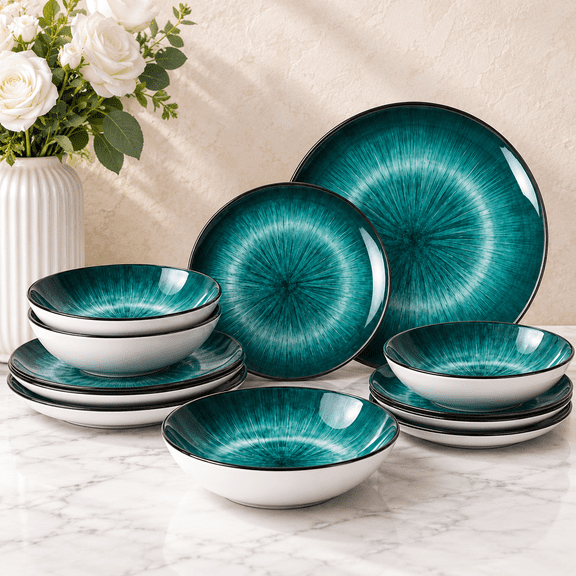 NONTA Dinnerware Set for 4, 12 Pieces Premium Stoneware Plates and Bowls Set, Chip & Scratch Resistant, Microwave and Dishwasher Safe - Green