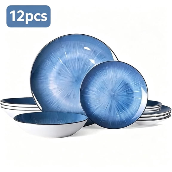 12 Piece Dinnerware Set ,Chip Resistant, Dinnerware Sets, Plates, Dishes, Bowls, Service for 4, Blue And White