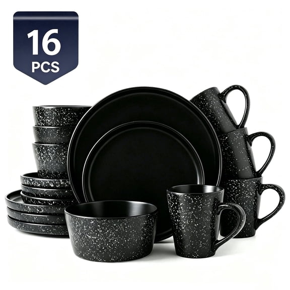 16 Piece Stoneware Round Dinnerware Set, Chip Resistant, Dinnerware Sets, Plates, Dishes, Bowls, Service for 4, Black
