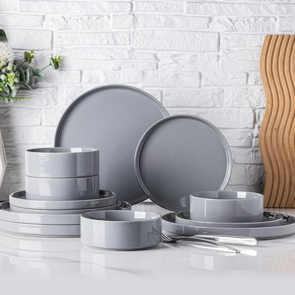 Dinnerware Set for 4, 12 Piece Speckled Plates and Bowls Set with Glazed Bottom, Chip & Scratch Resistant Stoneware Plates Sets, Dishwasher & Microwave Safe Dishes (Limestone, Service for 4)