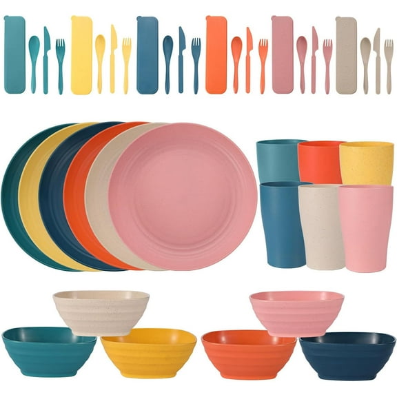 Dinnerware Set, 42pcs Reusable Straw Dinnerware Set with Salad Bowl, Dinner Plate, Dinner Fork, Portable Cutlery and Cups, BPA-free, Microwave and Dishwasher Safe
