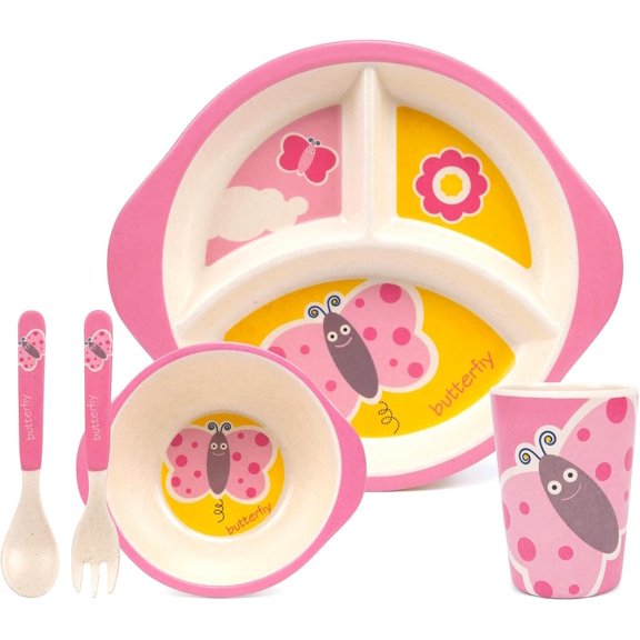 Dinnerware Set, 5- Mealtime Tableware for & - Includes Divided Plate, Bowl, Cup, Fork & Spoon - Fiber, , Dishwasher Safe (Butterfly)