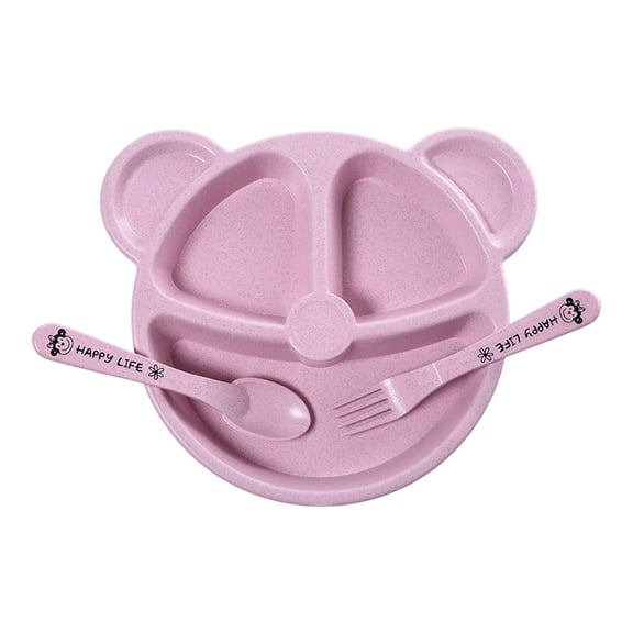 Dinnerware Set Bear Shape Straw Plate with Spoon Fork Easy to Clean Silicone Divided Plates for Kitchen Dining Holiday Party (Pink)