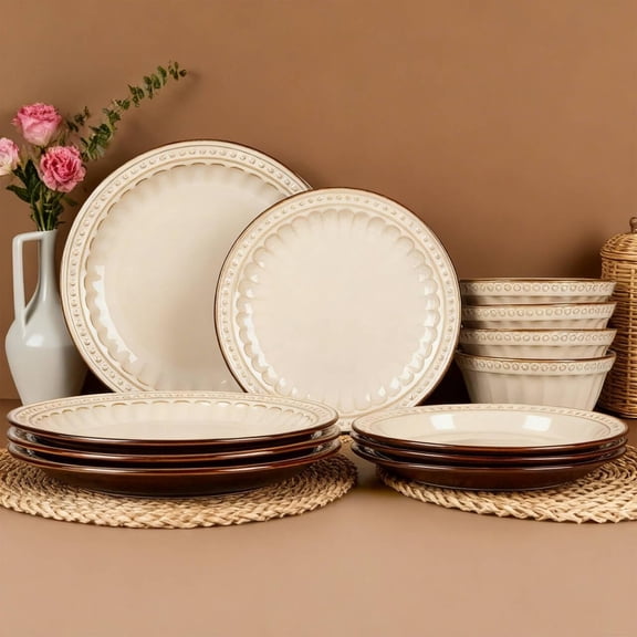 Dinnerware Set Cream White 12 count Service for 4, Stoneware Plates and Bowls Set Stoneware Set, Dishwasher Microwave Safe Dishes set