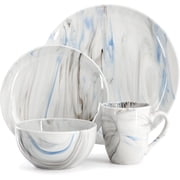 16 Piece Porcelain Marble Dinnerware Set in Blue/Gray   Service for 4, Dishwasher & Microwave Safe