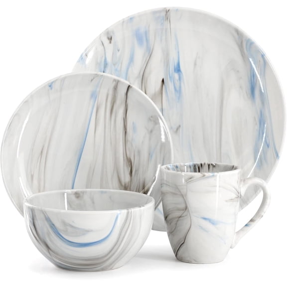 16 Piece Porcelain Marble Dinnerware Set in Blue/Gray  – Service for 4, Dishwasher & Microwave Safe