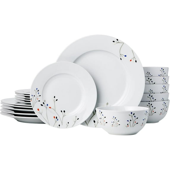 Dinnerware Set, Microwave and Dishwasher Safe, Service for 6, 18-Piece Complete Kitchen, Plates, Dishes, Bowls, Branches