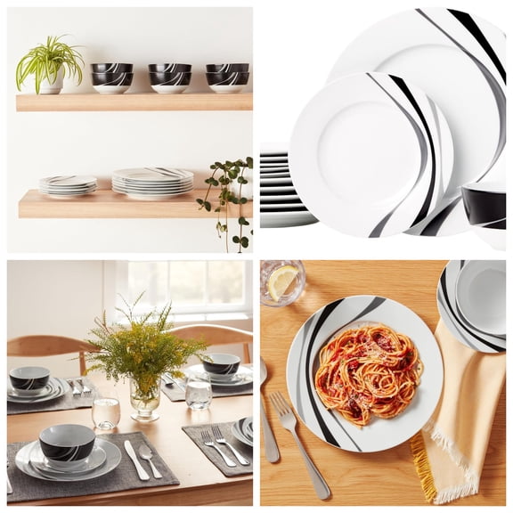 Dinnerware Set, Microwave and Dishwasher Safe, Service for 6, 18-Piece Complete Kitchen, Plates, Dishes, Bowls, Swirl