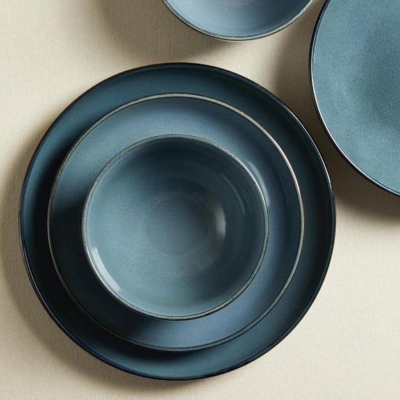 Dinnerware Set, Santorini Mist Terracotta Plates and Bowls Sets, Complete Stoneware Dish Set, Microwave & Dishwasher Safe, Jeans Blue