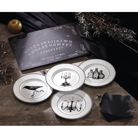 Dinnerware Set, Vintage Halloween 4-Piece Dessert Plate Set, Assorted, Set of 4 Ivory Porcelain Plates, Dishwasher Safe, Halloween Decor Indoor, Party Table Decorations (Black/White, 4 Piece)