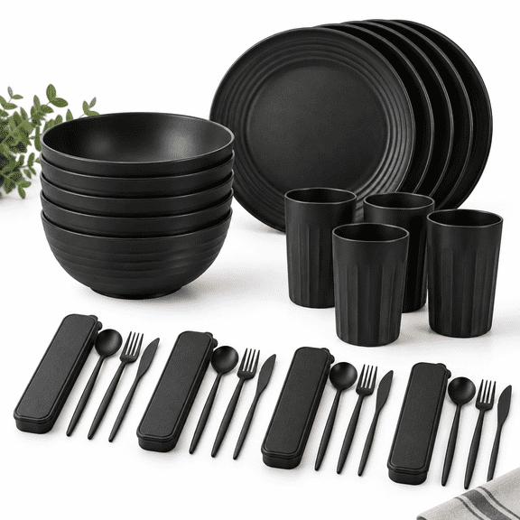 Dinnerware Set Wheat Stand Plates Unbreakable Kitchen Dishes Service For 4wave & Dishwasher Safe Plastic Dish Camping Rv Picnic-bl